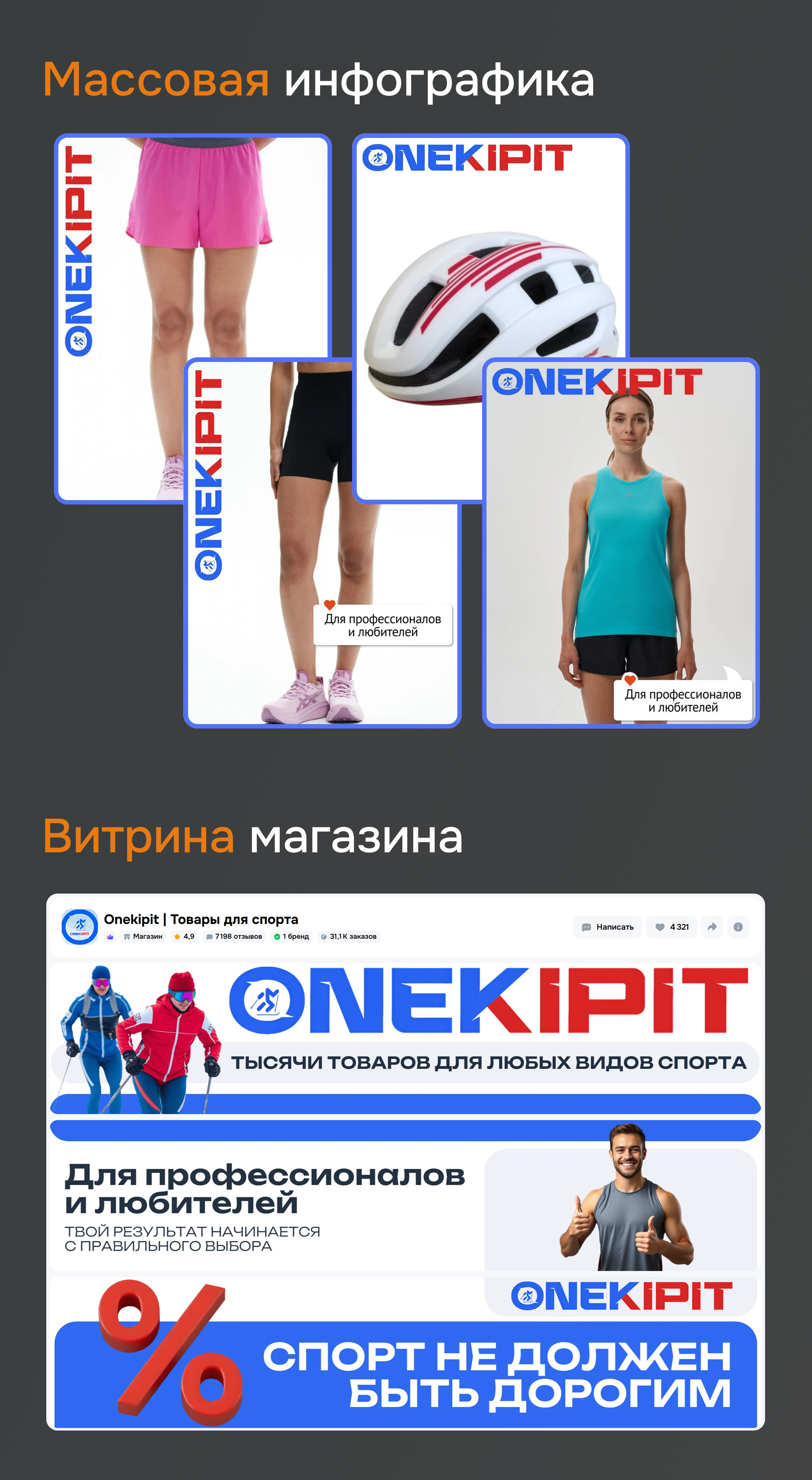 Витрина бренда Onekipit с рамкой и логотипом на карточках товаров